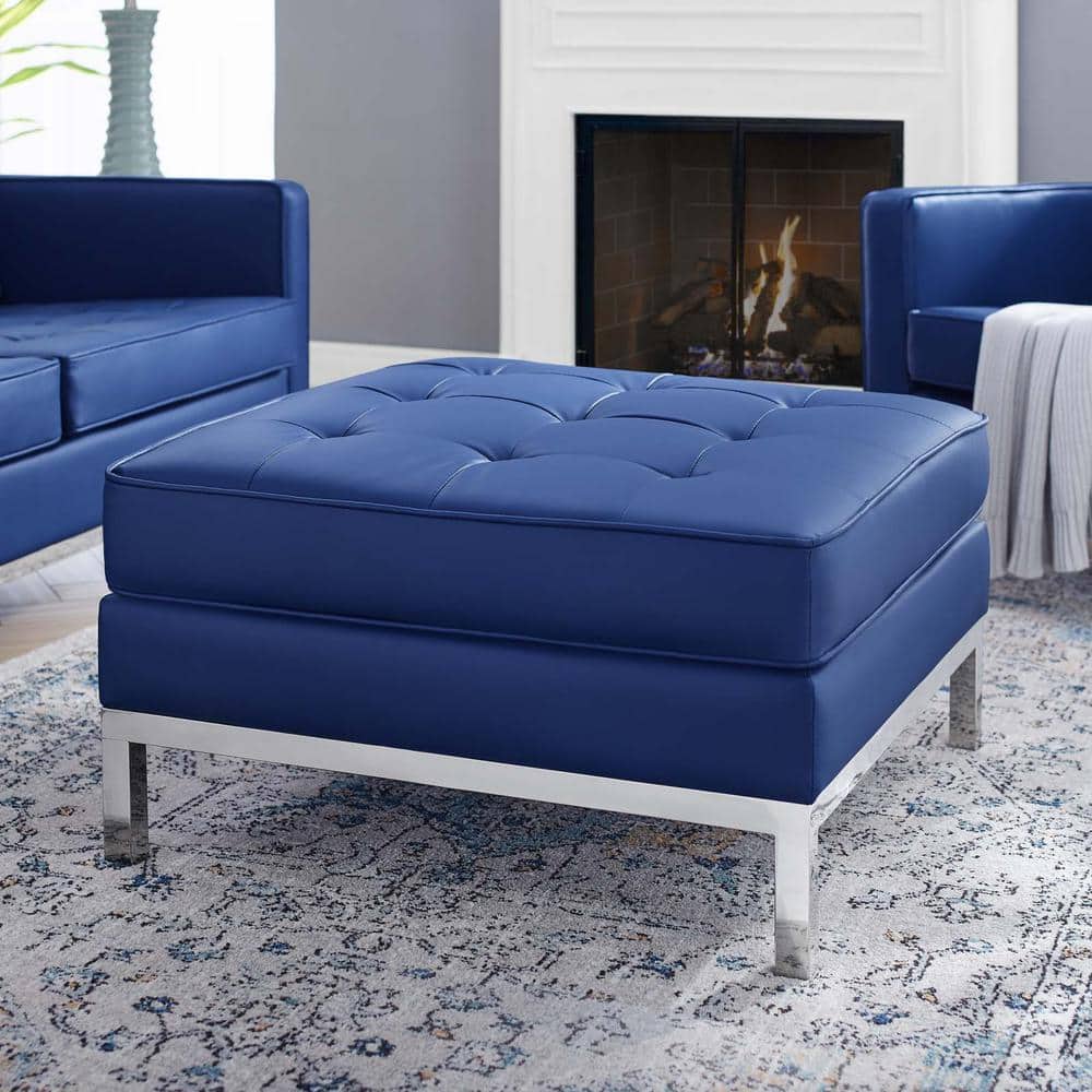 Silver Navy Tufted Faux Leather Ottoman with Stainless Steel Legs