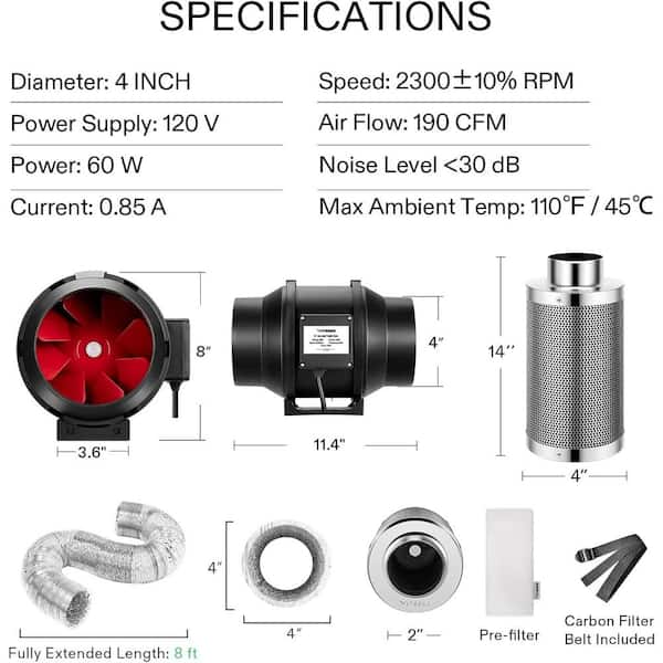 VIVOSUN 4 Inch 190 CFM Inline Duct Ventilation Fan w Variable Speed Controller 
