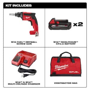 M18 FUEL 18V Lithium-Ion Brushless Cordless Compact Drywall Screw Gun Kit w/(2) 2.0Ah Batteries, Charger, Tool Bag