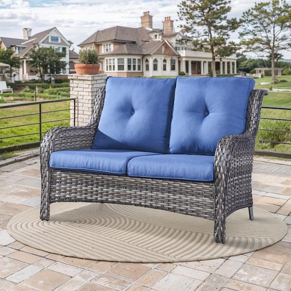 Opohoro ArcoBay 51.5-Inch Gray Wicker and Metal Frame Outdoor Patio Loveseat with Navy Blue Cushions