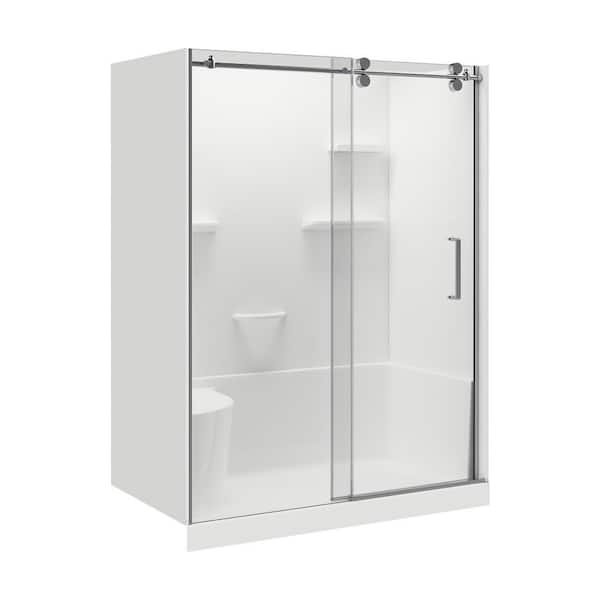 Carlyn 32 in. L x 60 in. W x 76 in. H Alcove Right Drain Shower Stall/Kit with Shower Wall and Shower Pan in Chrome