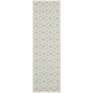 Courtyard Aqua/Beige 3 ft. x 8 ft. Border Indoor/Outdoor Patio  Runner Rug