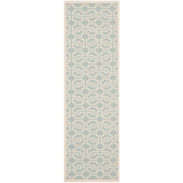 Courtyard Aqua/Beige 3 ft. x 8 ft. Border Indoor/Outdoor Patio  Runner Rug