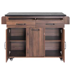 Walnut/Brown Wood 51.06 in. Kitchen Island with Trash Can Storage Cabinet, Drop Leaf, Spice Rack, Towel Rack and Drawer