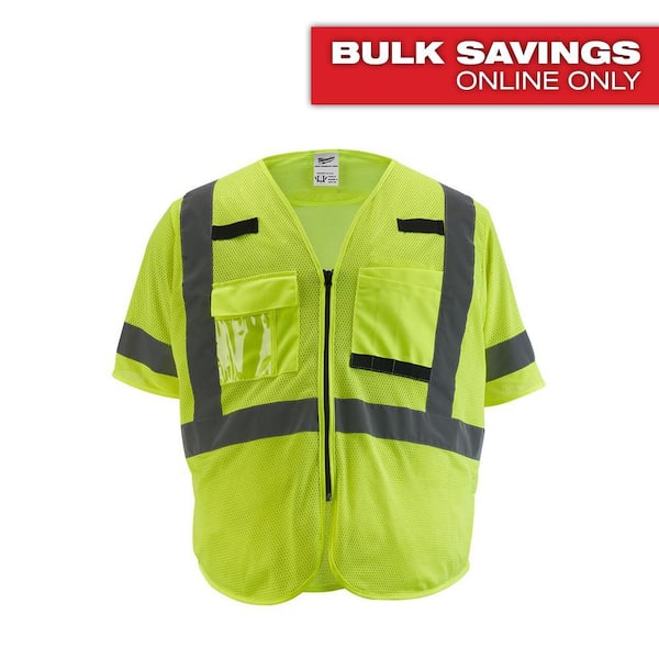 Large/X-Large Yellow Class 3 Mesh High Visibility Safety Vest with 9-Pockets and Sleeves