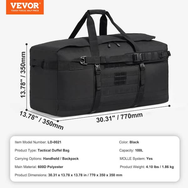 VEVOR Tactical Duffle Bag, 30.31 in. Black Backpack with