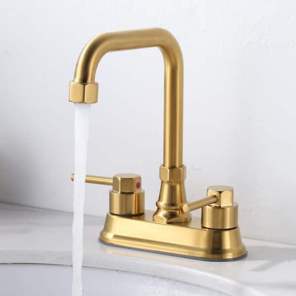 4 in. Centerset Double Handle High Arc Bathroom Faucet with Drain Kit Included in Gold