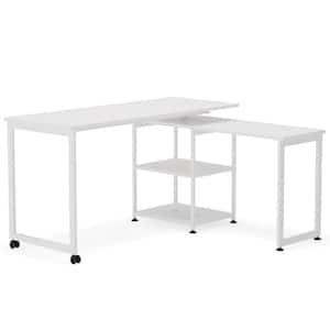 Billie 55 in. L-Shape White Metal White Particle Board Wood Top Corner Computer Desk with Rotating Storage Shelves