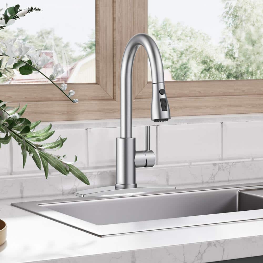 High Arc Brushed Nickel Pull-Out Kitchen Faucet with Single Handle