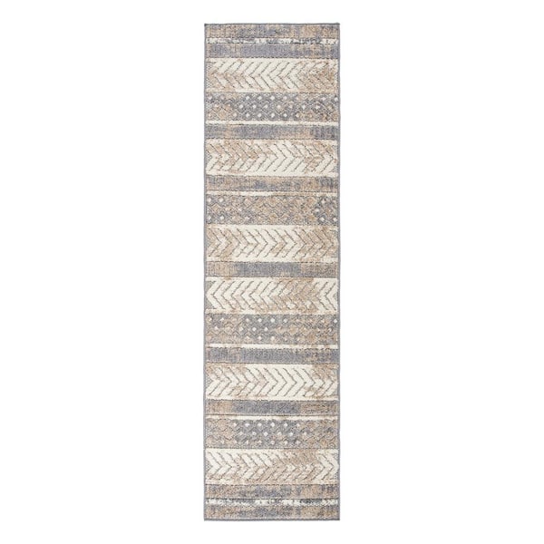 Beige 2 ft. x 7 ft. Distressed Geometric Indoor/Outdoor Runner Rug