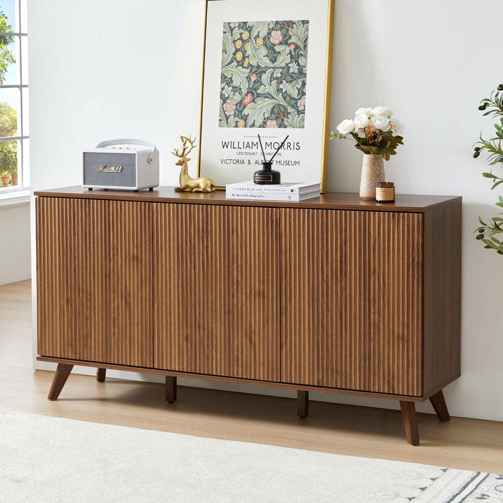 ATHMILE 57.87 in. L MDF Walnut Storage Cabinet for Living Room