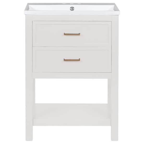 24 in. Single Sink Freestanding White Bath Vanity with White Resin Top, Textured Hardware, Diverse Storage Functions