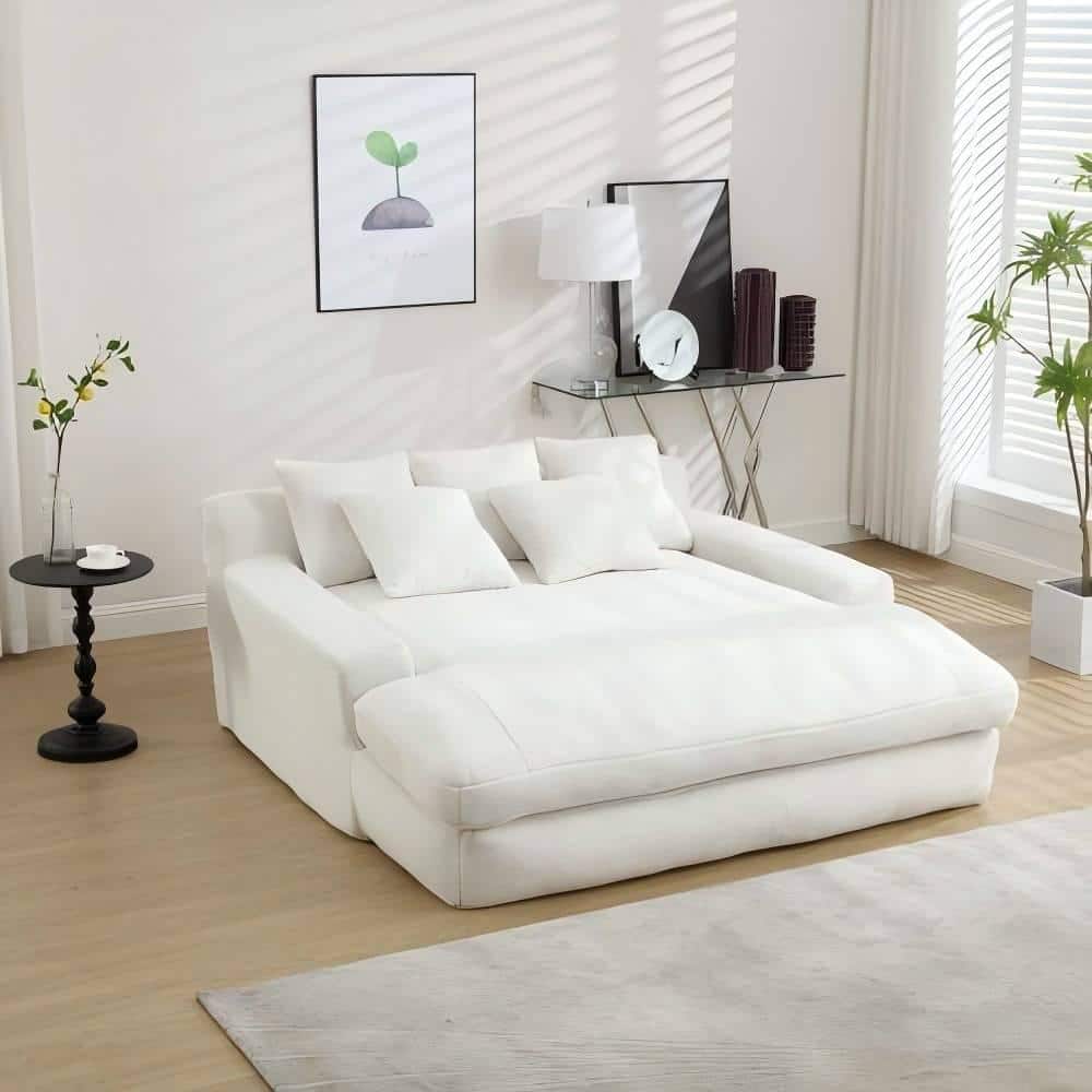 HOMEFUN 58 in. Chenille White Modern Twin Size Sofa Bed 2-Seersucker ...