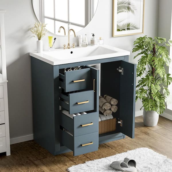 Solid Wood Bathroom Vanity 30 in. Blue Frame Bathroom Storage Cabinet,Ceramic Sink with 3-Drawers and Soft Closing Doors