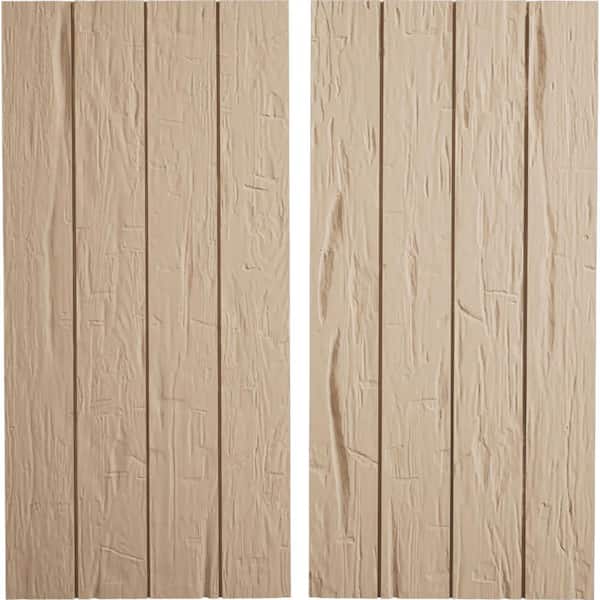Ekena Millwork 22 in. x 48 in. Timberthane Polyurethane 4-Board Joined Board-n-Batten Hand Hewn Faux Wood Shutters, No Batten Pair