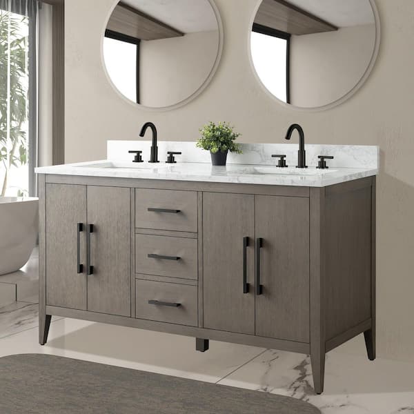 60 in. W x 22 in. D x 34 in. H Double-Sink Bath Vanity in Driftwood Gray with Engineered Marble Top in Arabescato White