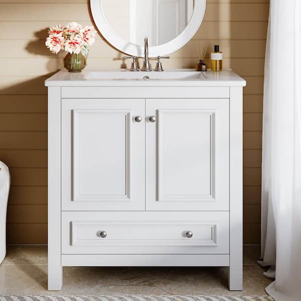 30 in. Single Sink Freestanding White Bath Vanity with White Cultured Marble Top (Easy Assembly)
