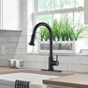 Henassor Single Handle Pull-Down Sprayer Kitchen Faucet with Deck Plate in Black