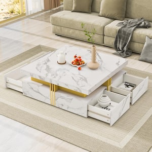 Modern and Stylish 43.3 in. White Square MDF Coffee Table with 4 Drawers