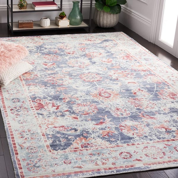 Mirage 6 ft. x 9 ft. Blue/Copper Distressed Floral Border Area Rug