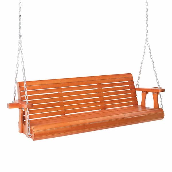 VINGLI 5 ft. Brown Wood Porch Swing with Cup Holder and Adjustable Chains, Pine Wood Support 880 lbs. Well Coated Surface