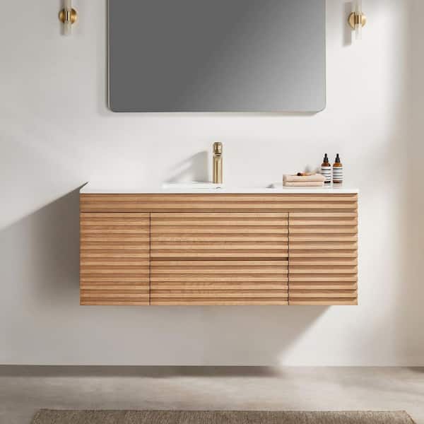 36 in. W Floating Bathroom Vanity in Brown Walnut with White Ceramic Top