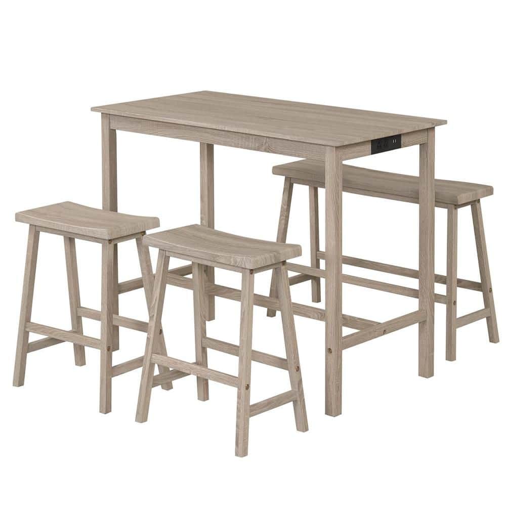 4 PCS Counter Height Dining Table Set with Power Outlet Saddle Backless Bench Stools Light Gray price history on PriceWatchPro