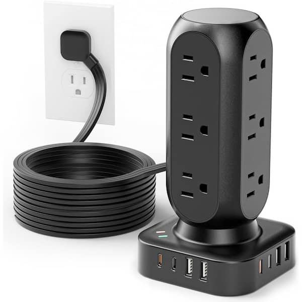Lukyamzn 12-Outlet Flat Plug Power Strip Surge Protector Tower with 8 USB Ports and 10 ft. Extension Cord in Black