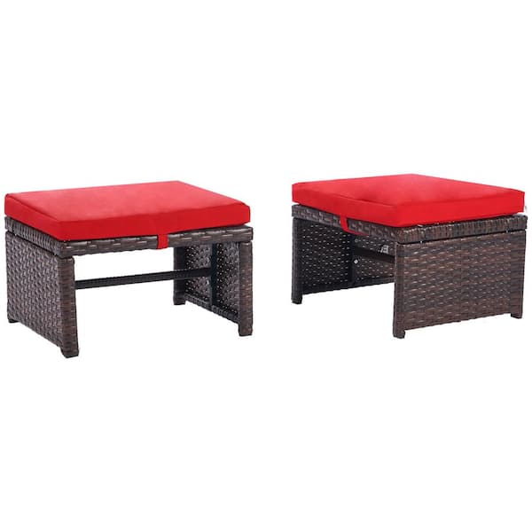 SANSTAR Wicker Outdoor Ottoman Footrest with Rede Cushions (2-Pack)