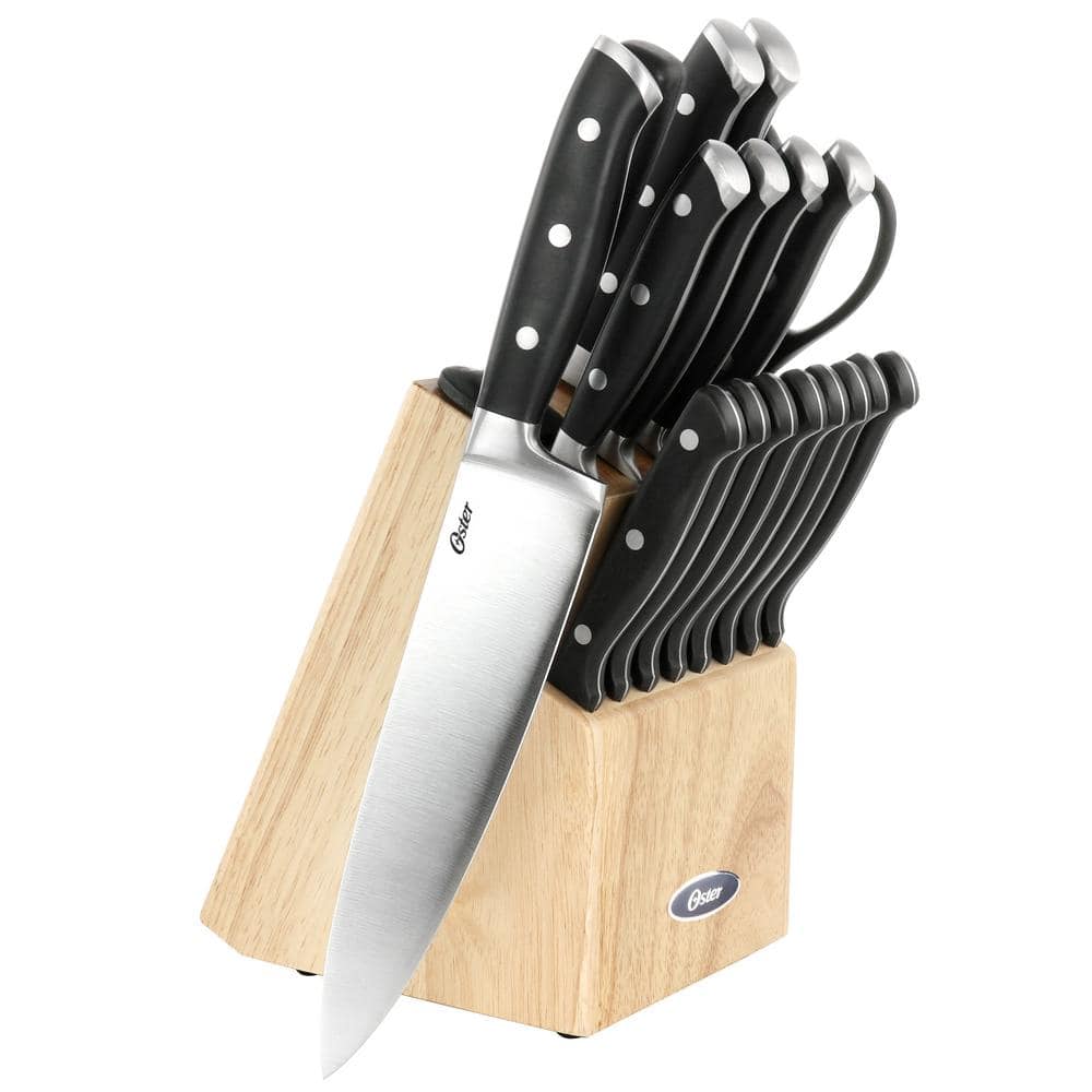 Oster Ginley 18-Piece Stainless Steel Cutlery Knife Set in Black with Pinewood Block