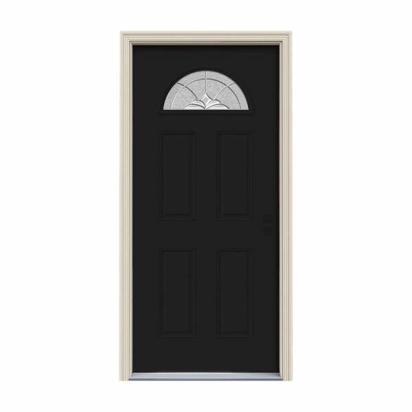 JELD-WEN 30 in. x 80 in. Fan Lite Langford Black w/White Interior Steel Prehung Left-Hand Inswing Front Door w/Brickmould