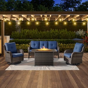 4-Piece Gray Wicker Outdoor Patio Rectangular Fire Pit Conversation Set with Blue Cushions and Swivel Rocker Chairs