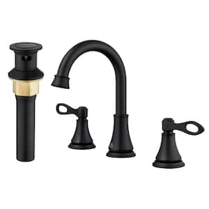 8 in. Widespread Double Handle Bathroom Faucet 3 Holes with 360° Swivel Spout, Stainless Steel Drain in Matte Black