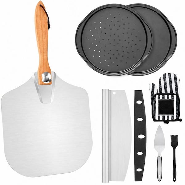 7-Piece Pizza Oven Accessory Set with 12 Inch Foldable Peel, 2 Pizza Pans, Rocker Cutter and Oven Mitts