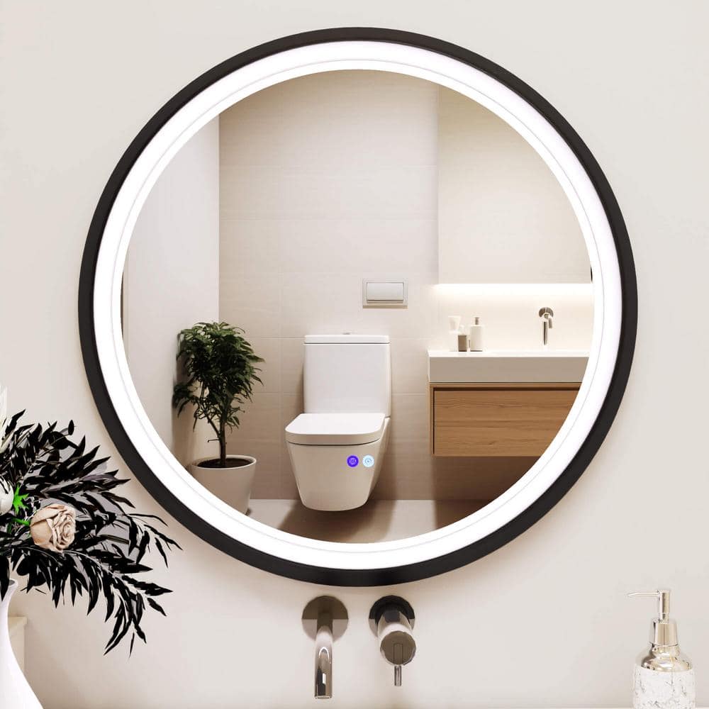 36 Inch Round Black LED Bathroom Vanity Mirror with Anti-Fog