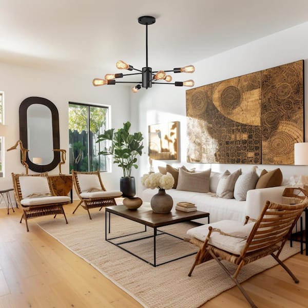 31.5 in. 8-Light Black Industrial Straight-Arm Sputnik Chandelier for Dining Room Living RoomNo Bulbs Included