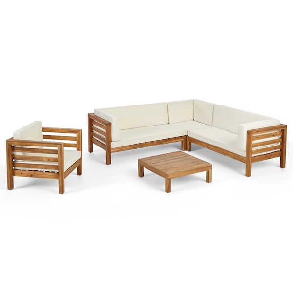Oana Teak Brown 5-Piece Wood Outdoor Patio Conversation Sectional Seating Set with Beige Cushions
