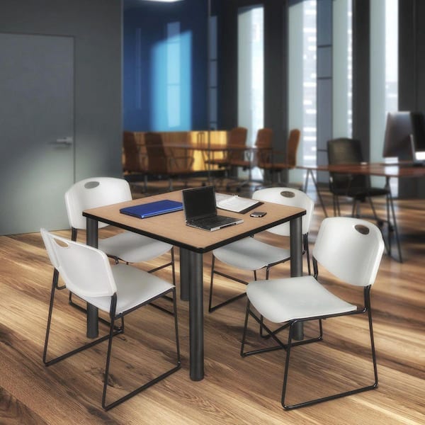 Kee 42 in. Noble Oak Square Breakroom Table Desk & 4 Zeng Stack Chairs-Grey