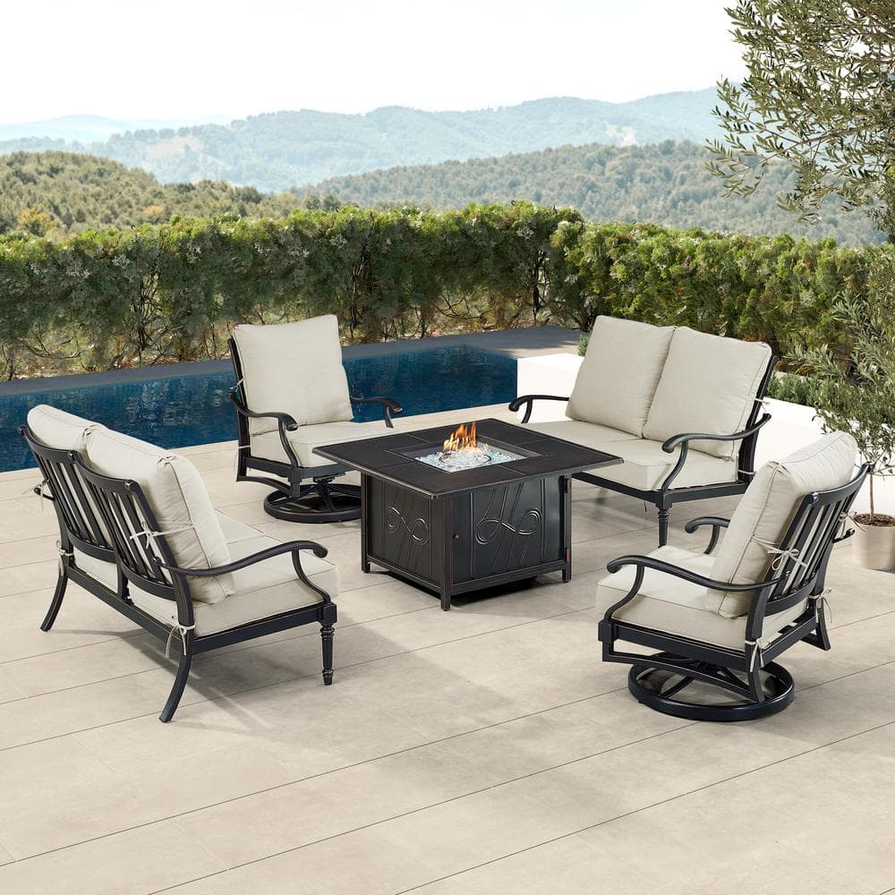 Black 5-Piece Aluminum Patio Fire Pit Set with Light Grey Cushions price history on PriceWatchPro
