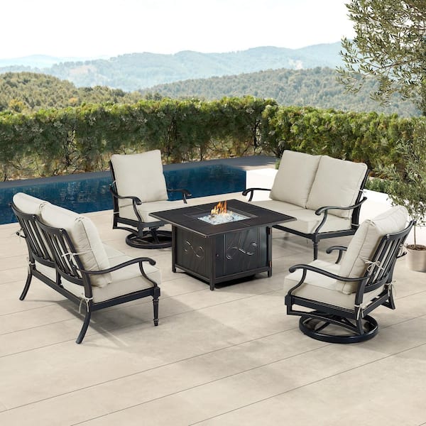 Oakland Living Black 5-Piece Aluminum Patio Fire Pit Set with Light Grey Cushions