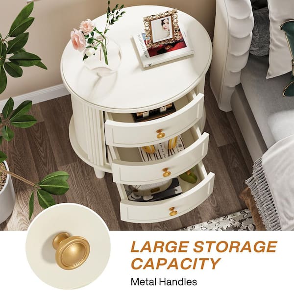 Fenley White Oval 3-Drawer 20 in. Width Nightstand, Farmhouse Bedside Table for Living Room