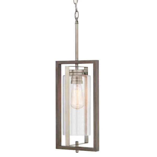 Palermo Grove 8 in. 1-Light Antique Nickel Farmhouse Hanging Outdoor Lantern with Weathered Gray Wood Accents