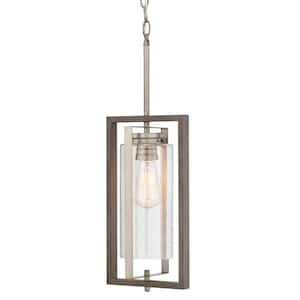 Palermo Grove 8 in. 1-Light Antique Nickel Farmhouse Hanging Outdoor Lantern with Weathered Gray Wood Accents