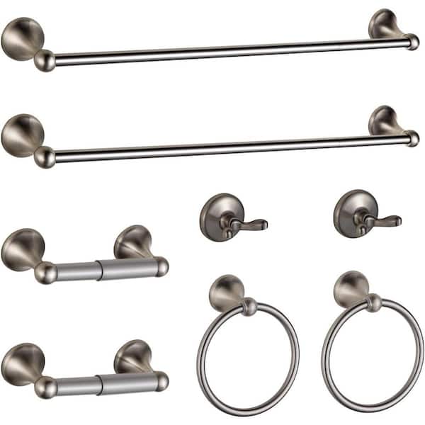 8-Pieces Bath Hardware Set w/ Adjustable Bathroom Towel Bars, Rings, Robe Hook and Toilet Paper Holder in Brushed Nickel
