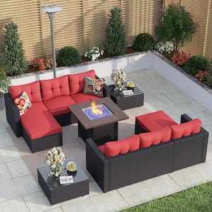 Black Rattan Wicker 6 Seat 7-Piece Steel Outdoor Fire Pit Patio Set with Red Cushions and Square Fire Pit Table