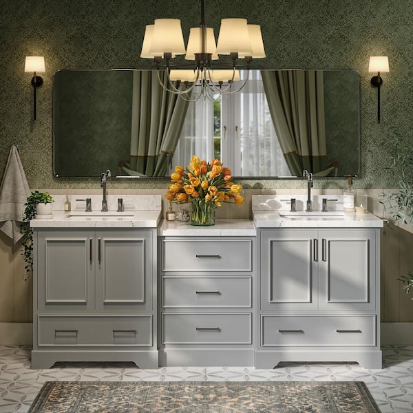 Stafford 85 in. W x 22 in. D x 36 in. H Double Sink Bath Vanity in Gray with Carrara White Quartz Top