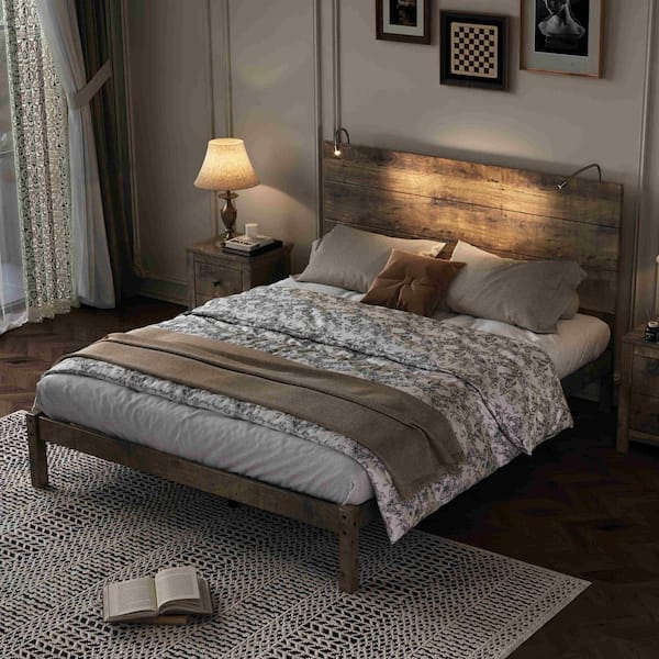 Walnut Wood Frame Queen Size Platform Bed with Two Bedside Lights