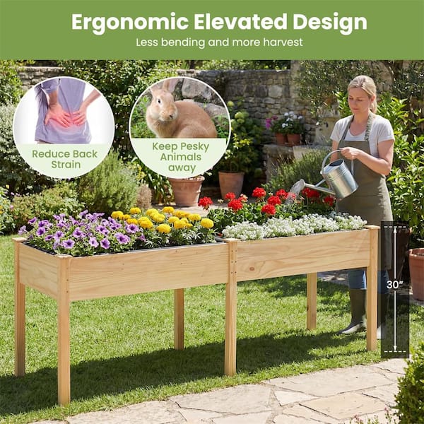 Costway Raised Garden Bed Elevated Fir Wood Planter Box with 2 Large - See Details - Beige