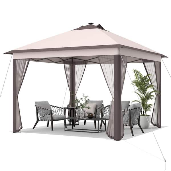 Costway 11 ft. x 11 ft. Beige Patio Folding Gazebo Outdoor Canopy Shelter Led Lights Portable