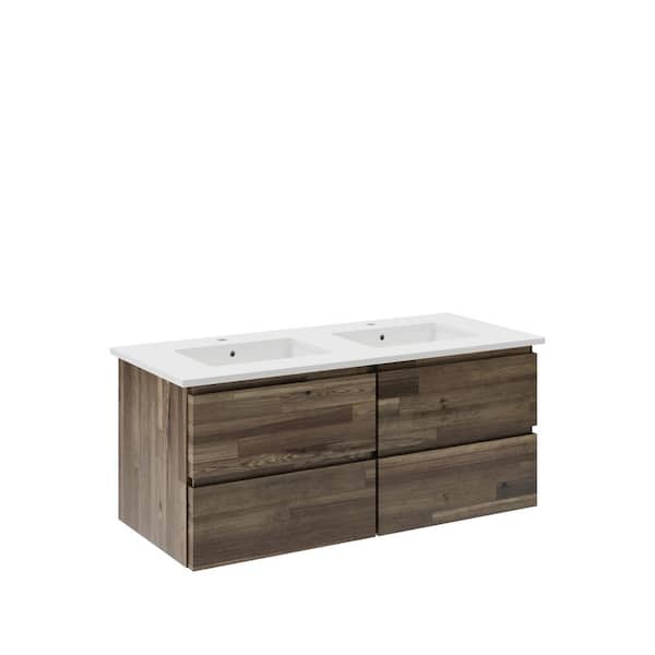 Fresca Formosa 48 in. Double Sink Wall Mount Floating Acacia Bath Vanity with White Quartz Top and Undermount Ceramic Sink